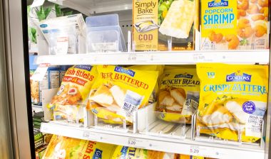 A view of several packages of Gorton's frozen seafood products, on display at a local grocery store.