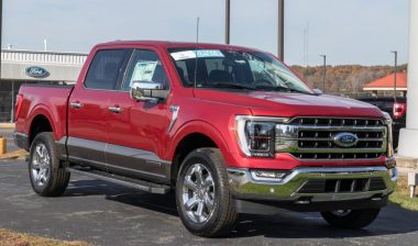 Ford F-150 display at a dealership. The Ford F150 is available in XL, XLT, Lariat, King Ranch, Platinum, and Limited models.
