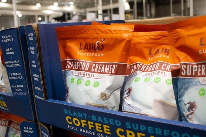 A view of several packages of Laird Superfood creamer, on display at a local big box grocery store.