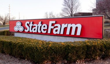 State Farm sign at its headquarters in Bloomington, Illinois, USA. State Farm Insurance is a large group of mutual insurance companies in USA