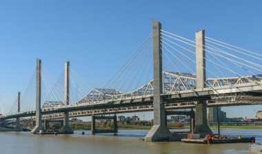 Abraham Lincoln Bridge spans the Ohio River from Louisville, Kentucky to Jeffersonville, Indiana.
