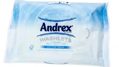 Packet of Andrex Washlets, Moist Toilet Tissue that are flushable, First introduced in 1992.
