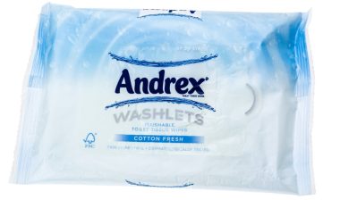 Packet of Andrex Washlets, Moist Toilet Tissue that are flushable, First introduced in 1992.