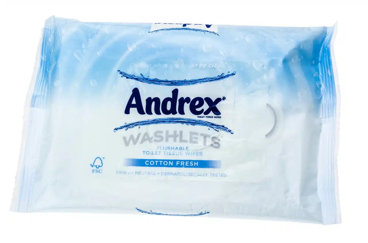 Packet of Andrex Washlets, Moist Toilet Tissue that are flushable, First introduced in 1992.