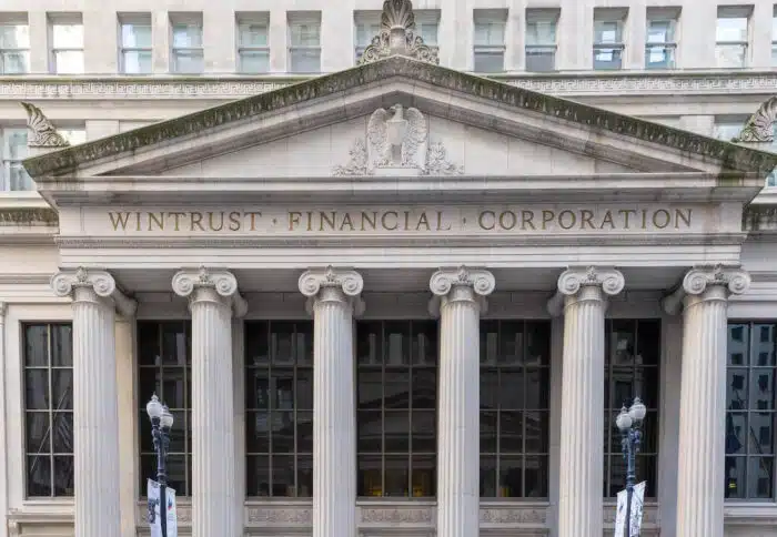 Wintrust Financial Corporation - Entrance with columns of the Central Standard Building in Chicago - wintrust class action - racial discrimination
