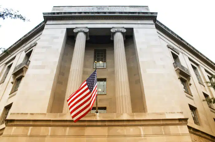 Photo of the Department of Justice (DOJ) building in Washington, DC.