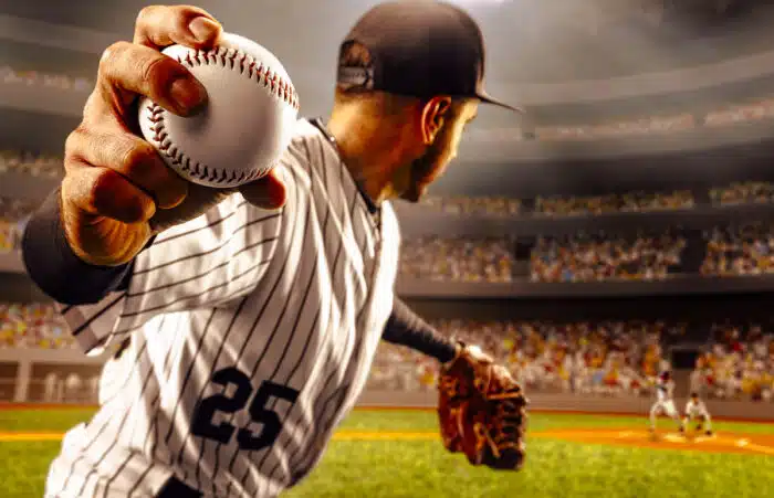 Baseball player in action on a professional stadium.