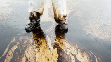 Photo of a worker standing on an oil spill.
