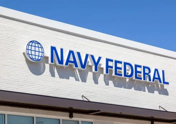 Navy Federal bank sign in Charleston, South Carolina, USA. Navy Federal bank is the largest natural member credit union in the United States.