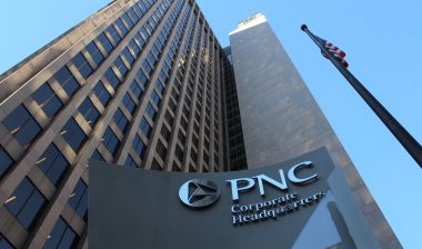 Sign at corporate headquarters of PNC Bank in October 2020 in Pittsburgh.