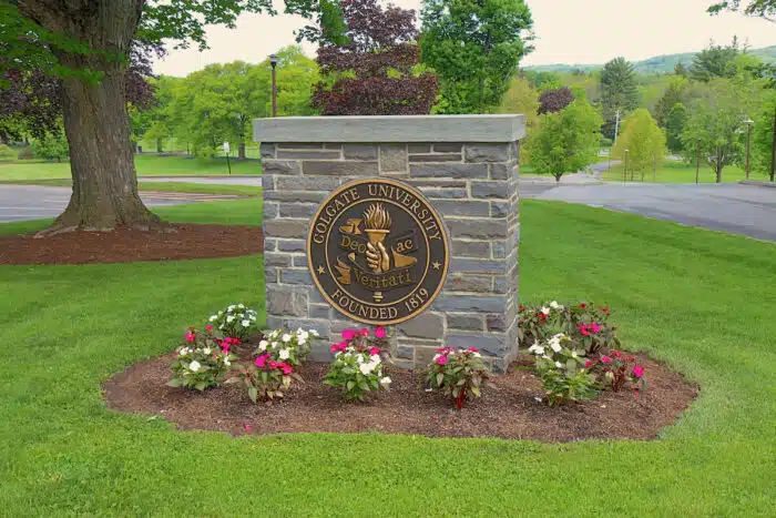 Sign marking the campus of Colgate University in the village of Hamilton in rural upstate New York.