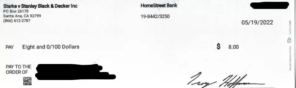 Black & Decker Check 5-25-22 settlement payments