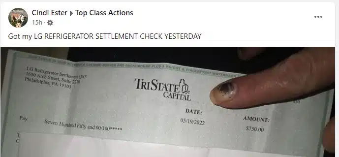 LG Refrigerator FB 5-25-22 settlement payments