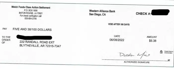 Welch's Check 6-10-22 settlement payments
