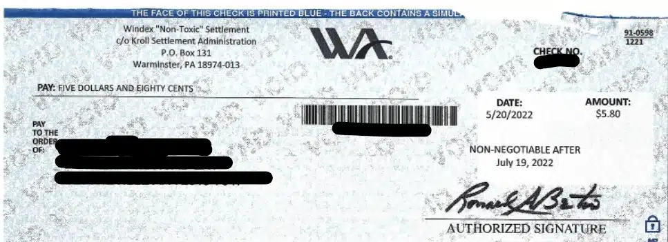 Windex check 5-27-22 settlement payments