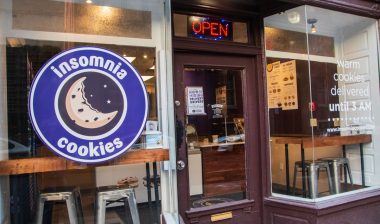 Exterior of a Insomnia Cookies store in Philadelphia, Pennsylvania.