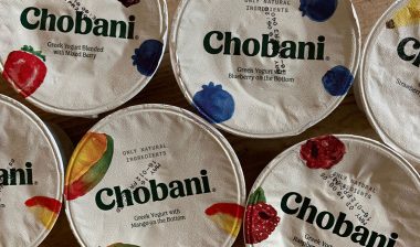 Close up of various Chobani Brand Greek Yogurt Cups.