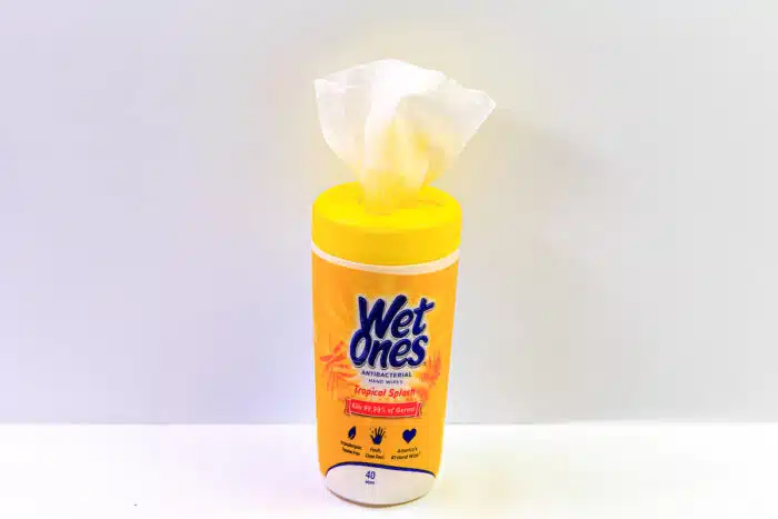 Product photo of Wet Ones antibacterial wipes.