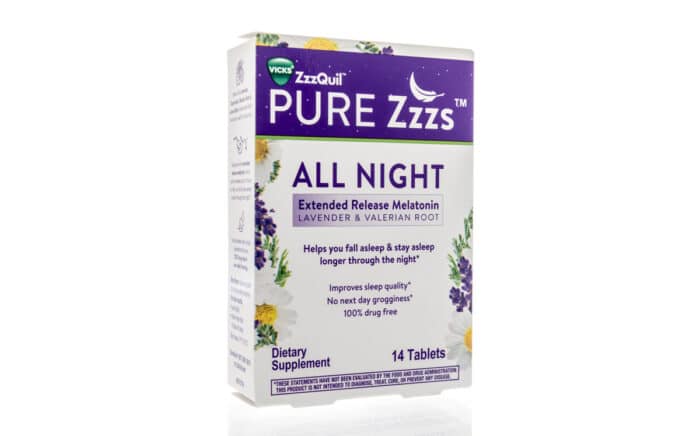 A package of Vicks Zzzquil pure zzza nighttime sleep aid on an isolated background - Vicks class action, melatonin