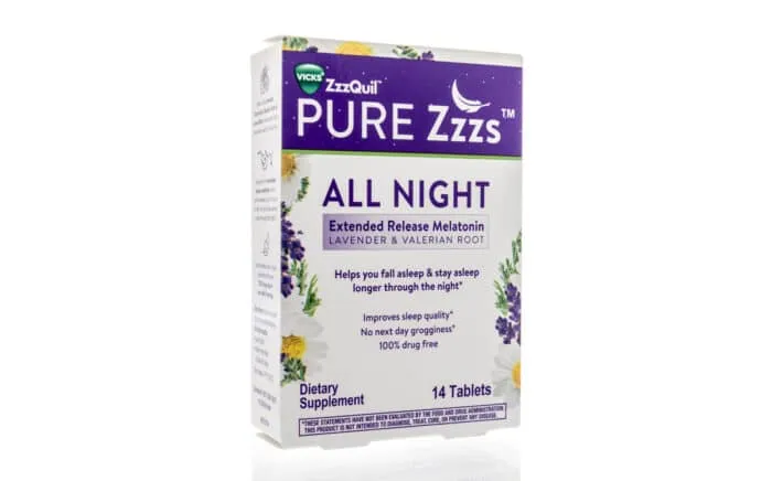 A package of Vicks Zzzquil pure zzza nighttime sleep aid on an isolated background - Vicks class action, melatonin