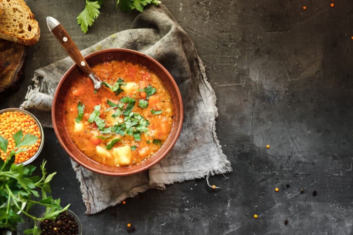 Soup with vegetables and red lentils.