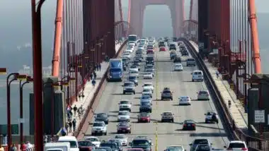 Zoom of heavy traffic on Golden Gate Bridge