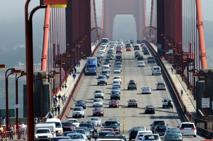 Zoom of heavy traffic on Golden Gate Bridge