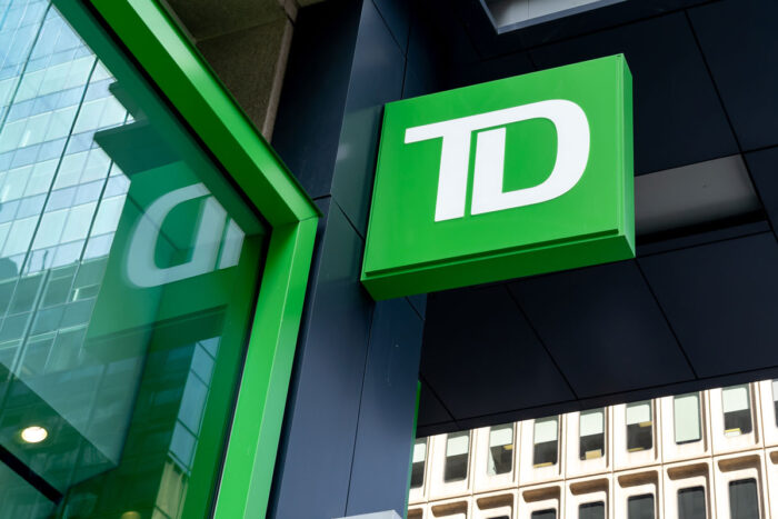 Close up of TD bank sign on the building.