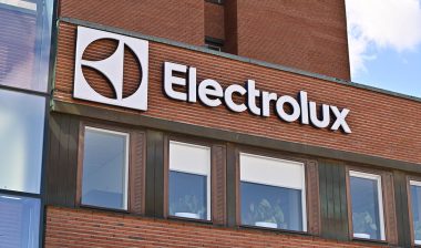 A wall sign for Swedish appliance manufacturer Electrolux at the company headquarters.