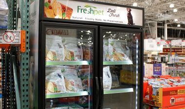 A view of a FreshPet fresh pet food refrigerator, on display at a local big box grocery store.