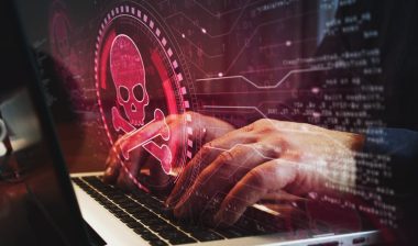 Skull pirate, online cyberattack, hack, threat and breach security symbol and man typing computer keyboard.