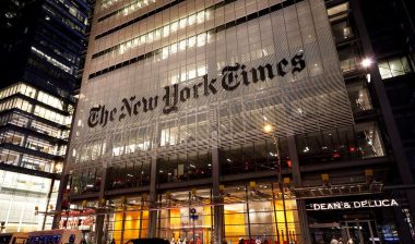 Headquarters of The New York Times in night.