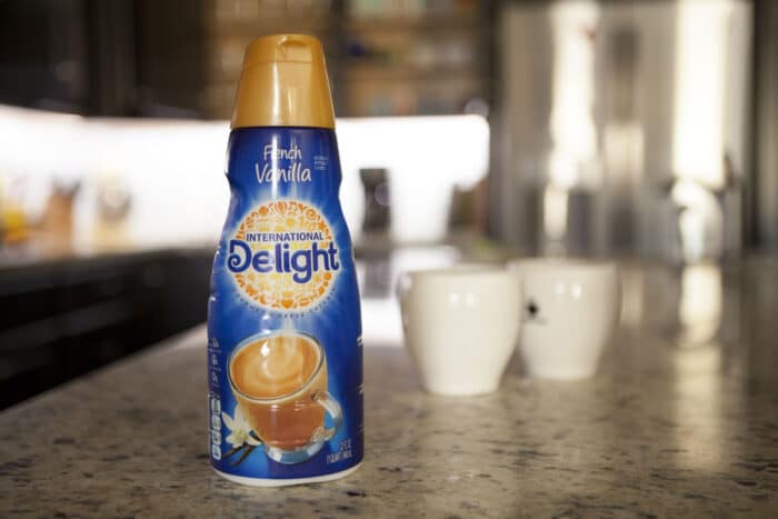 Close up of International Delight French Vanilla Coffee Creamer.