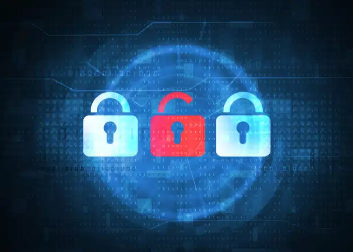 Open padlock symbol over binary data background..