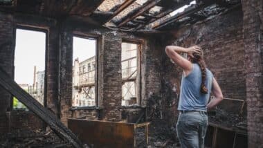 man holds his head by hand and cry in burnt out house after disaster. California catastrophic loss investigation