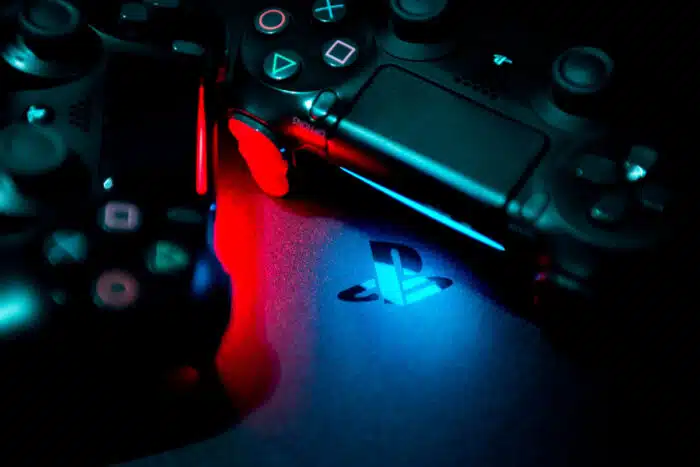 PS4 console background. Playstation 4 controllers.