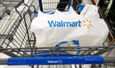Branded Walmart shopping cart and bag in Walmart store.