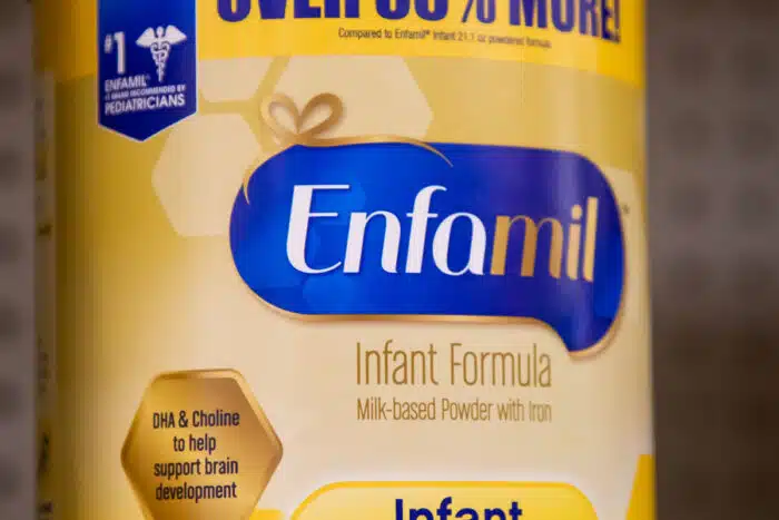 Close up of Enfamil logo on a product - Mead Johnson & Company baby formula class action lawsuit, enfamil false advertising