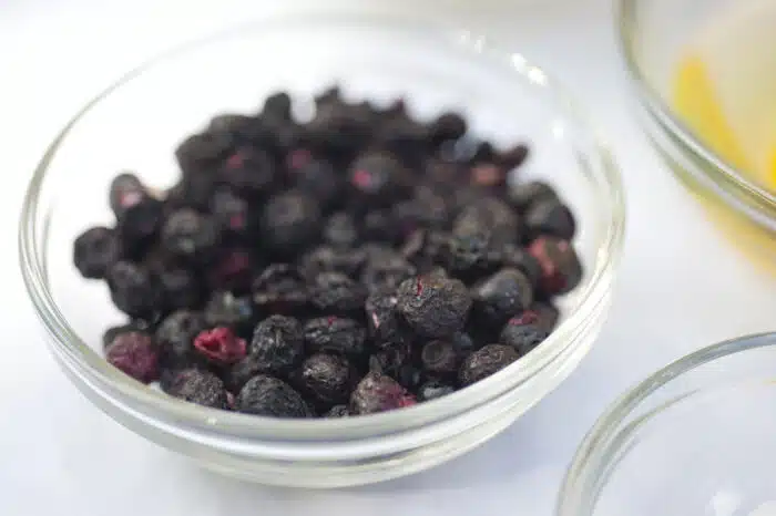 Freeze dried blueberries in a bowl on a white background.