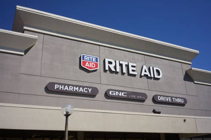 Close up of the Rite Aid sign seen at a Rite Aid pharmacy with drive thru service in Oregon City.