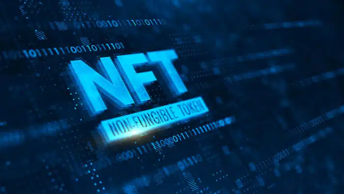 NFT nonfungible tokens concept on dark blue background.