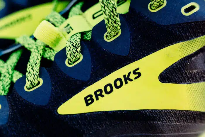 Brooks logo on one of their sport trail running shoes.