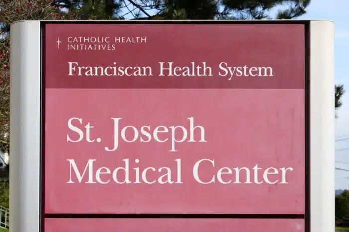 Sign for St Joseph Medical Center in Tacoma Washington. Franciscan Health System