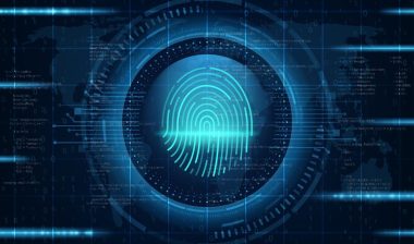 Authentication, identification, security access vector background, futuristic backdrop or SCI-FI wallpaper with fingerprint scanner, program code and neon motherboard traces.