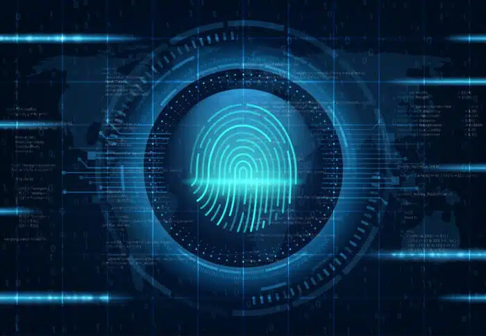 Authentication, identification, security access vector background, futuristic backdrop or SCI-FI wallpaper with fingerprint scanner, program code and neon motherboard traces - csl plasma settlement, Illinois Biometric Information Privacy Act, csl plasma class action lawsuit
