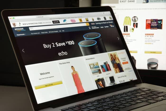 Close up of Amazon home page on a laptop screen.
