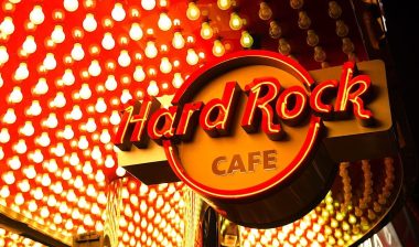 Close up of Hard Rock Cafe signage.