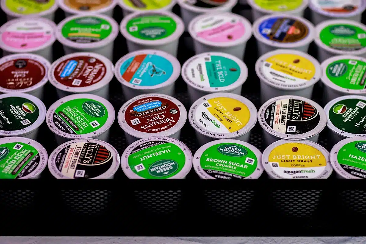 Close up of various Keurig k-cups.