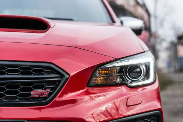 Close up of new Subaru WRX STI, model year 2018
