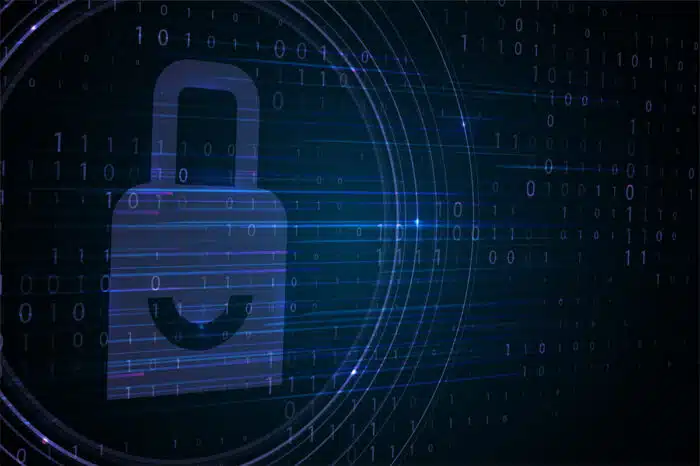 Padlock icon with binary code background - pcs revenue data settlement